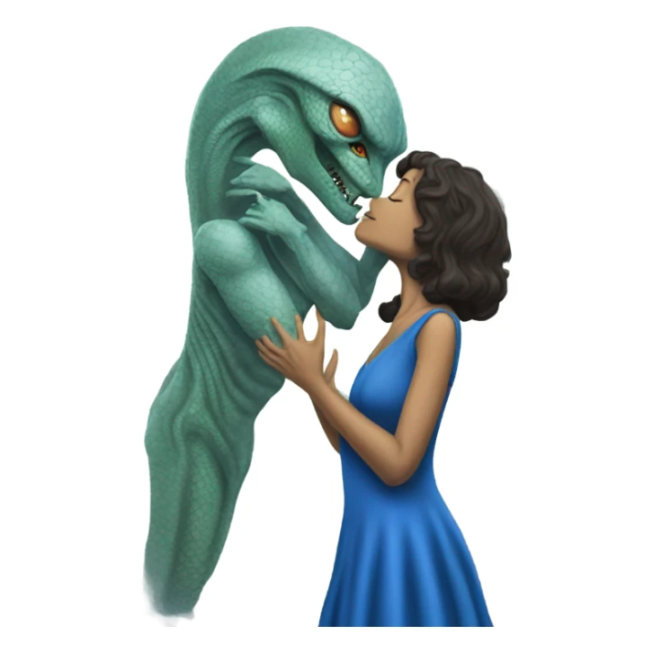 a Reptilian alien woman, in blue dress,  kissing morfeo sticker