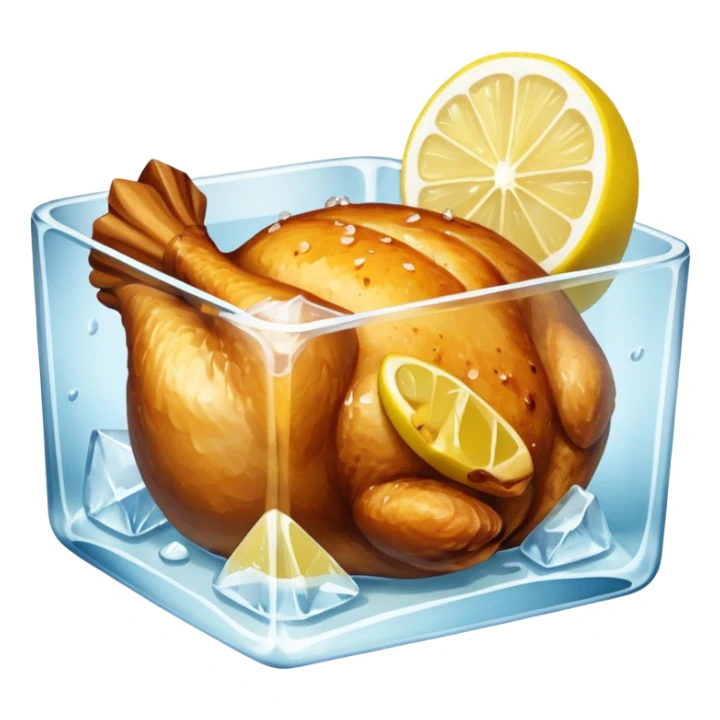 a baked chicken dish with lemon wedges in a large ice cube sticker