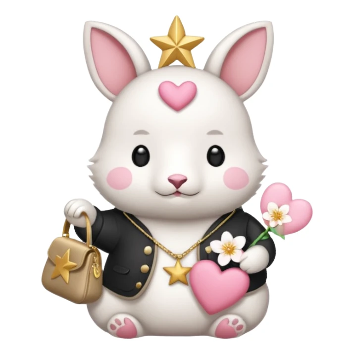 GENERATE ME A MOMONGA WHITE ANIMAL  FROM CHIIKAWA AND PUT A SAKURA FLOWER ON HIS HEAD AND A STAR PELT ON HIS BELLY AND A HEART PURSE ON HIS ARM WITH HIS FACE sticker