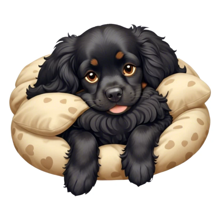 Cinematic Meme-Worthy Chubby Sleeping Black Cocker Spaniel Portrait Emoji, Head resting peacefully with a contented smile, showcasing a delightfully chubby build and a luxuriously soft black coat with gentle tan markings, eyes shut in a serene nap, Simplified yet hilariously adorable features, highly detailed, glowing with a soft, drowsy light, high shine, relaxed and utterly lovable, stylized with an air of playful laziness, bright and heartwarming, soft glowing outline, capturing the essence of a comically sleepy companion, so meme-worthy it feels like it could instantly become the next viral sensation of adorable slumber! sticker