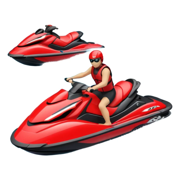 jet ski (red black and white all in the same amount. maybe a red a bit more dominant) on the sea. show the sea under the jet ski - blue with turquoise. no sky - white background instead. DO NOT REMOVE THE SEA AND THE WHITE WHEN FINALIZING!  NO ONE ON THE JET SKI  sticker