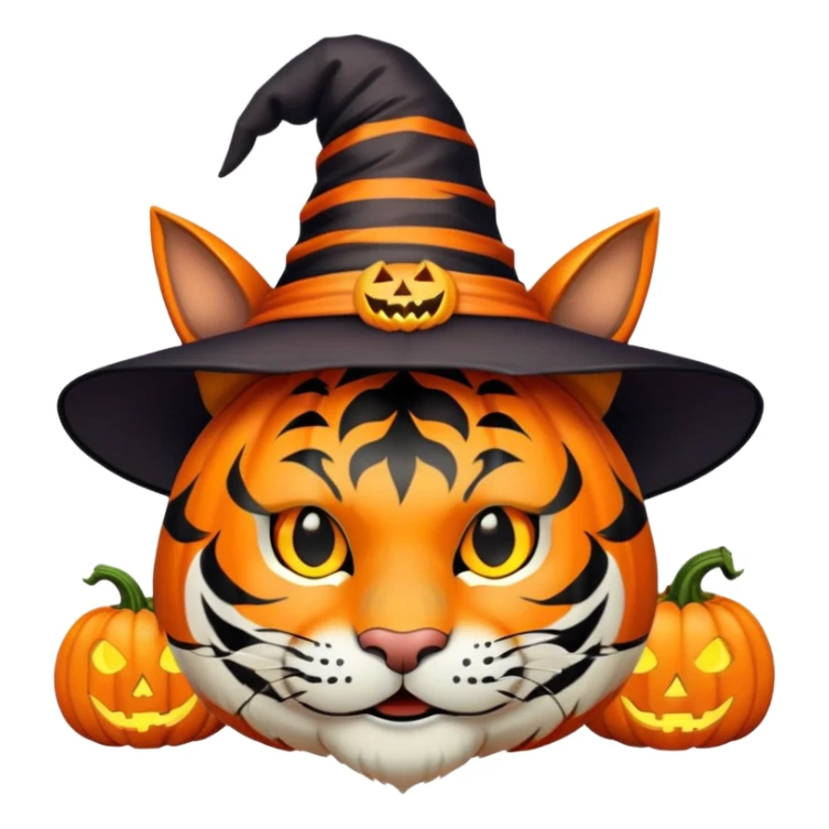 tiger face in Halloween costume with pumpkin and witch hat for Twitch emote sticker