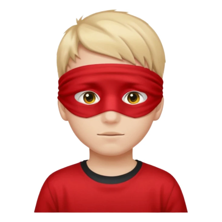 boy wearing red cloth over only eyes boy wears black t-shirt sticker