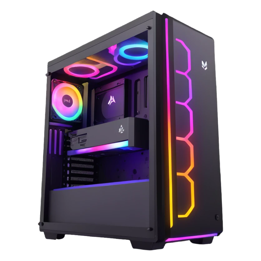 gaming PC modern desktop tower with RGB lights and side window sticker