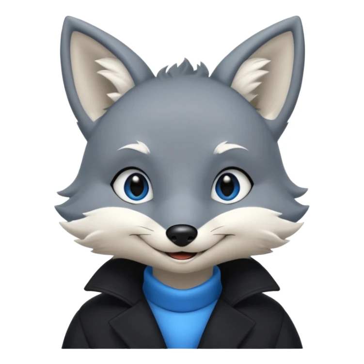 Grey anthropomorphic furry fox with a black coat, blue eyes, and a small fringe of black hair in head, smiling sticker