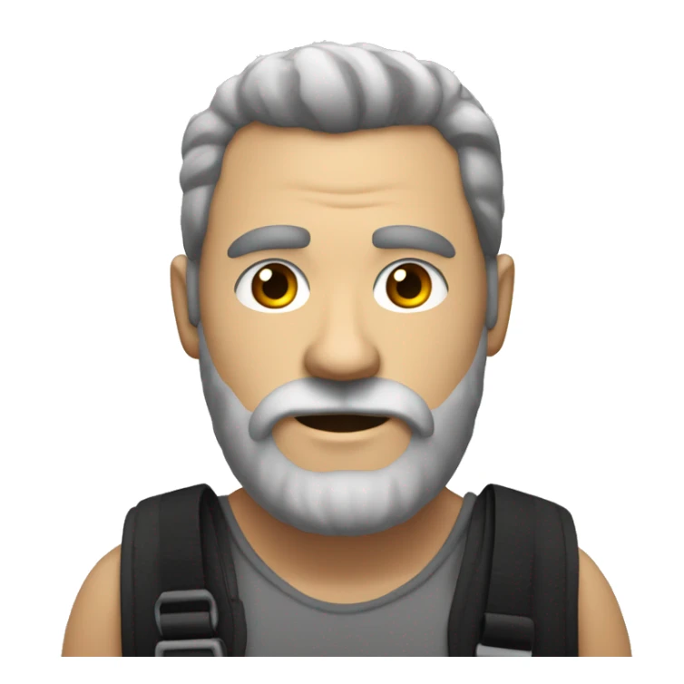 Create a burly man with a trimmed beard, big hairy chest with a black chest strap sticker