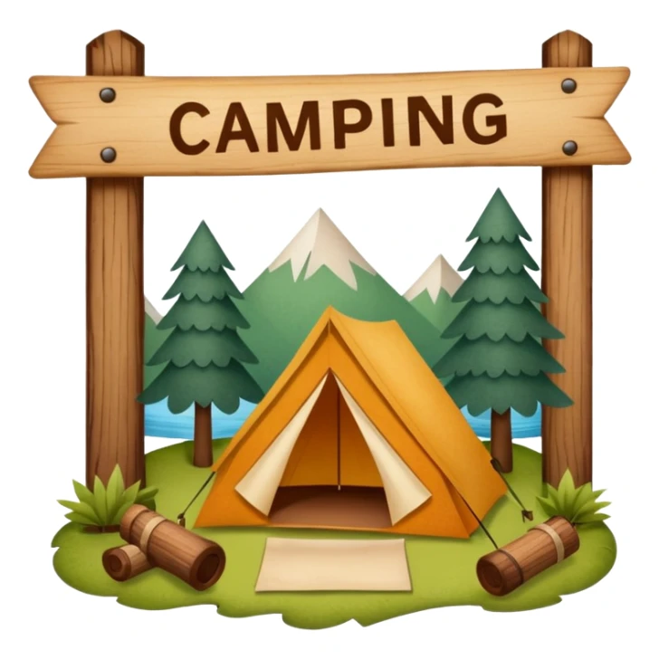 Wooden Camping sign made of felt texture, scrapbooking style, transparent background sticker