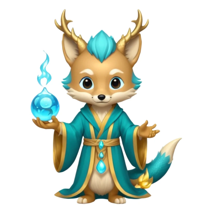 Chibi teal fox with gold mark on forehead, teal-gold robe, holding glowing blue water orbs, with dragon tail on its backside with small antler horns on its head sticker