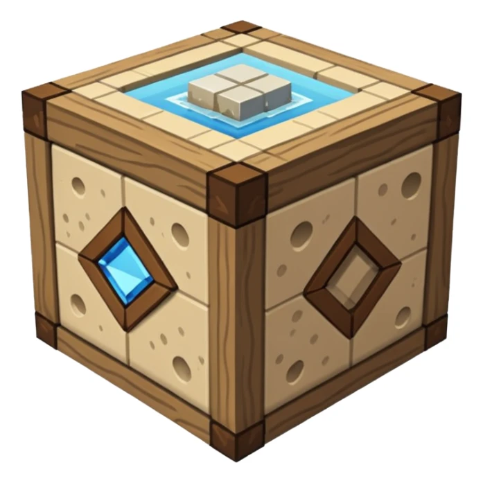 crafting table with tools, stone, wood, glass, sand, ... like a minecraft style cube crafting table  sticker