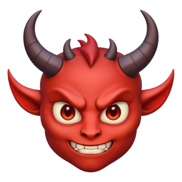 Demon cartoon emoji character, confident and edgy expression, sharp eyes, subtle smirk, small curved horns, clean stylized face, not cute, not scary, balanced dark and saturated colors, bold shapes, modern emoji-style illustration, high contrast, strong character presence sticker