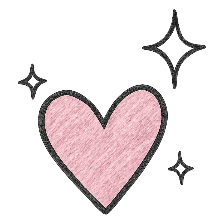 Add a sparkle effect to the pink hand drawn heart, keep the black outline style, with a clean white background. sticker