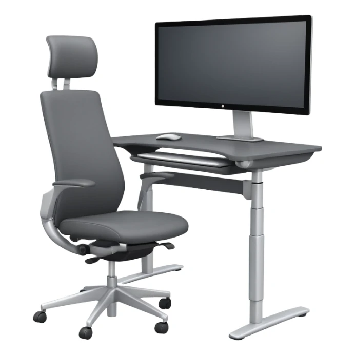 3D minimal icon of a wide height-adjustable motion desk with dual monitors and a modern ergonomic office chair, with a subtle accent in #FF3D00. Clean and high-end style. sticker