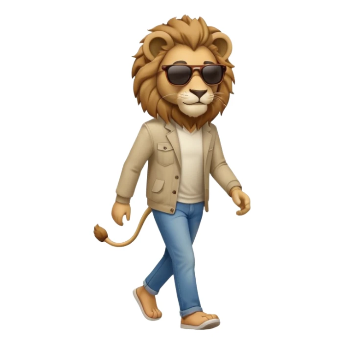 anthropomorphised lion in casual clothes with sunglasses walking upright, relaxed pose sticker