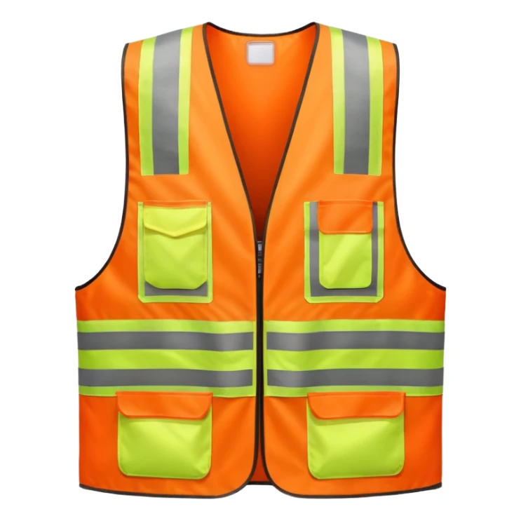 orange safety vest with bright yellow reflective stripes, construction site workwear, emoji style sticker
