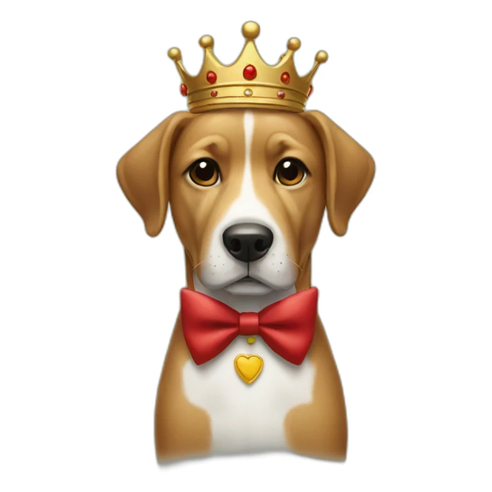 a dog with a crown in a suit with a red bow sticker