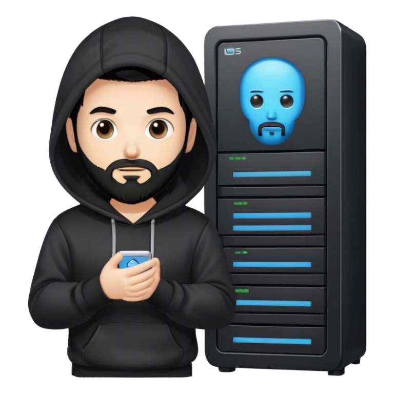 hackeur blanc cheveux noir barbe et capuche noir à côté d'un server ia sticker