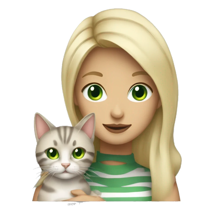 blonde woman green eyes holding gray striped cat sticker
