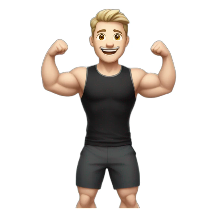 Joyful Celebrating victory Pale skinned Fit Man With the biceps and dark brown hair in black shirt, gray sports shorts and white Sneakers sticker