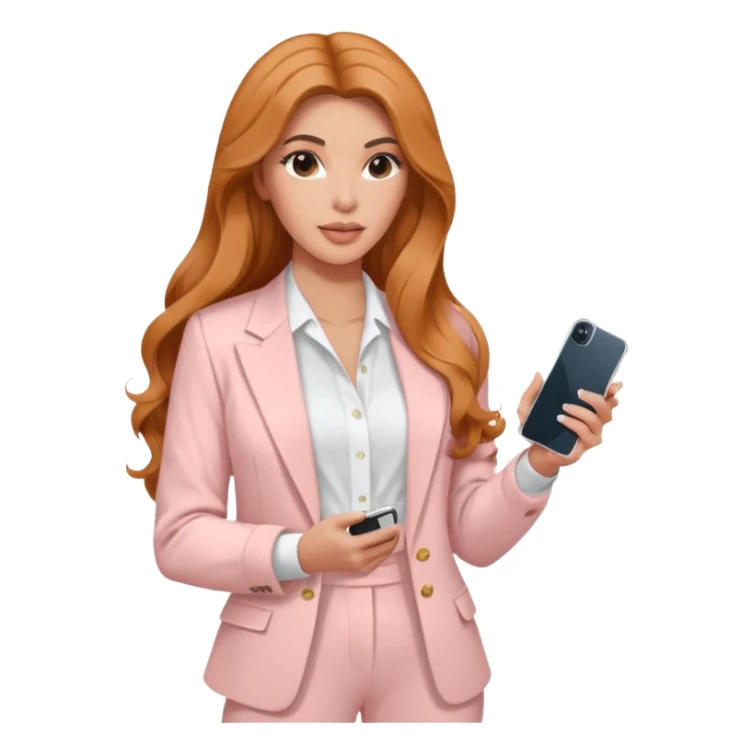 pale skin Kim Kardashian with ginger wavy long Hair, light pink  Spacious classical jacket, light pink palazzo Arrow pants and white blouse holding white IPhone 15 pro in the hands sticker