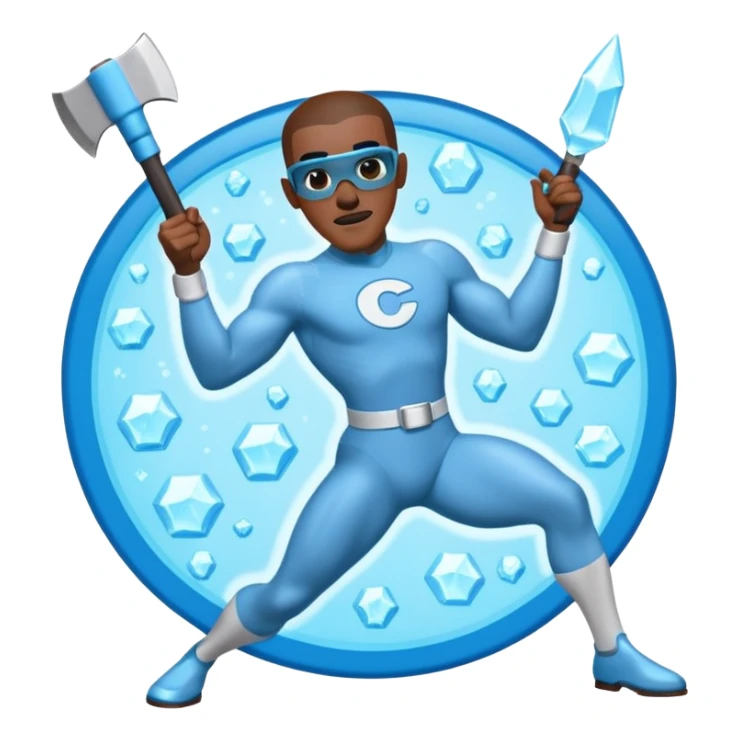 Frozone character in retro stickers style, dynamic pose, icy effects, bold outlines, vibrant colors he says "c'est carré dans l'axe" sticker