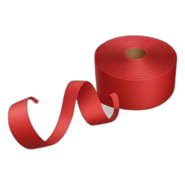 red roll of coiled up tape with a loose end springing up sticker