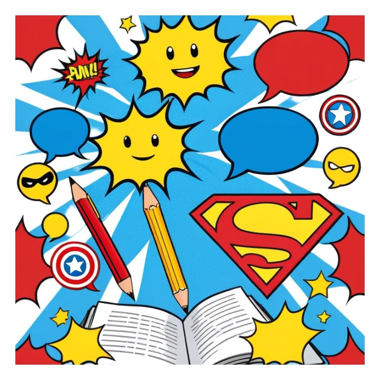 Create a vibrant and dynamic emoji representing comic books and graphic novels as an art form. The design should feature a comic book page with panels and speech bubbles, showcasing bold lines and vibrant colors. Include elements like a pencil or pen, as well as a superhero icon or an action scene to symbolize storytelling through visuals. Use bright, energetic colors like red, blue, and yellow to convey excitement and creativity. The overall design should feel playful, creative, and artistic. Make the background transparent. sticker
