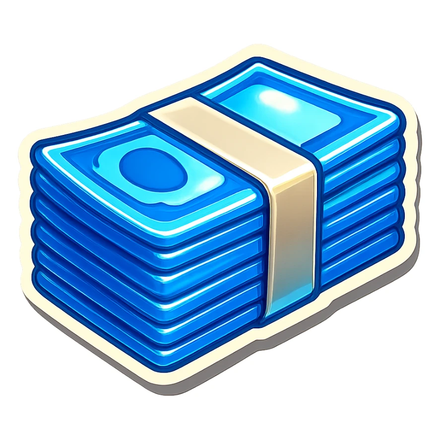 a massive bound stack of blue-and-white banknotes, bills,, 90s futuristic sticker