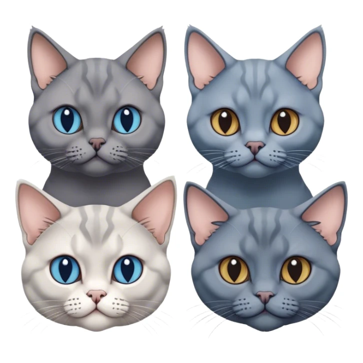 Three cat heads: British Shorthair Blue, with large cheeks, Maine Coon with fluffy fur and expressive eyes, Sphynx with smooth skin and prominent features, minimalistic, on a white background, no extra details. sticker