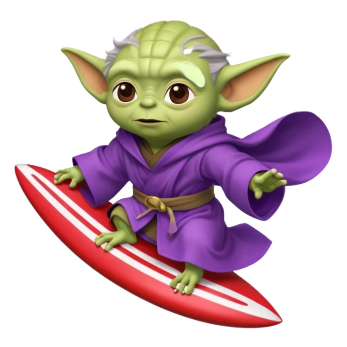 yoda in a purple robe flying in a rocket like surfing sticker