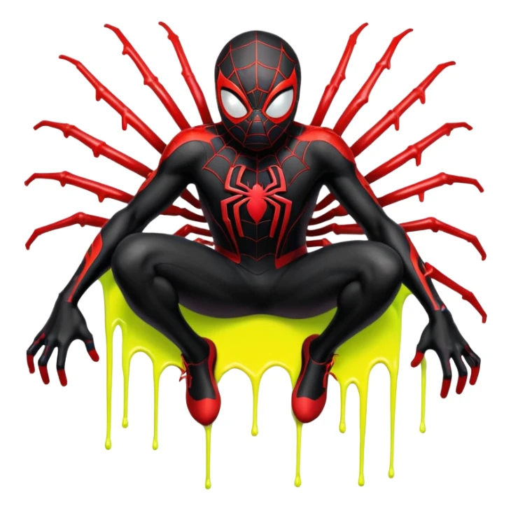 A stylized sticker of Miles Morales Spider-Man, urban graffiti art style, spray paint drips, neon accents. High contrast, cinematic lighting, thick white contour border, isolated on white background, sticker sheet aesthetic. sticker