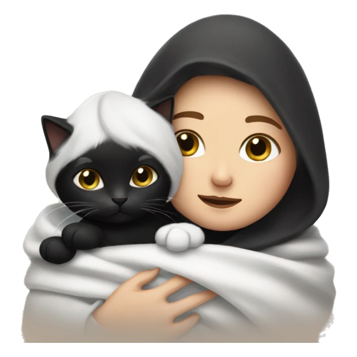 White lady snuggling with a black and white  cat with a blanket sticker