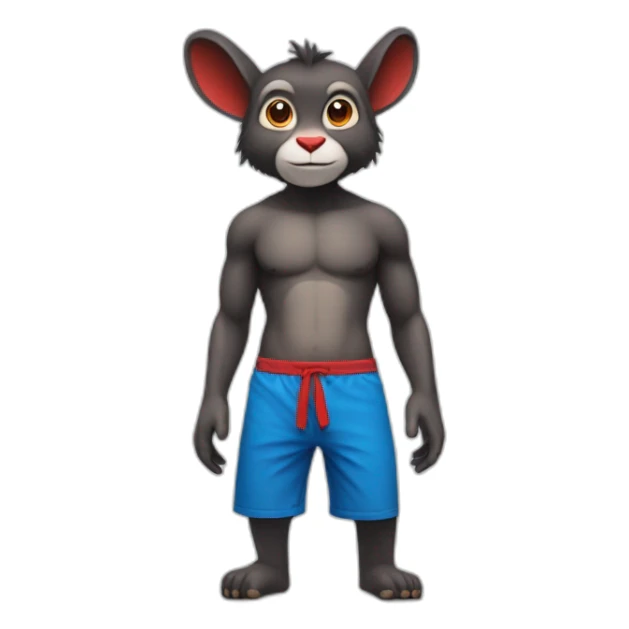 blue rabbit monkey with no shirt but red shorts and with a monkey tail sticker