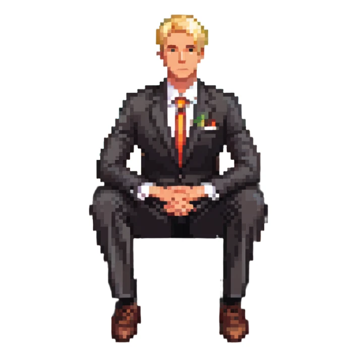 blonde businessman in suit sitting relaxed on vacation, resort background sticker
