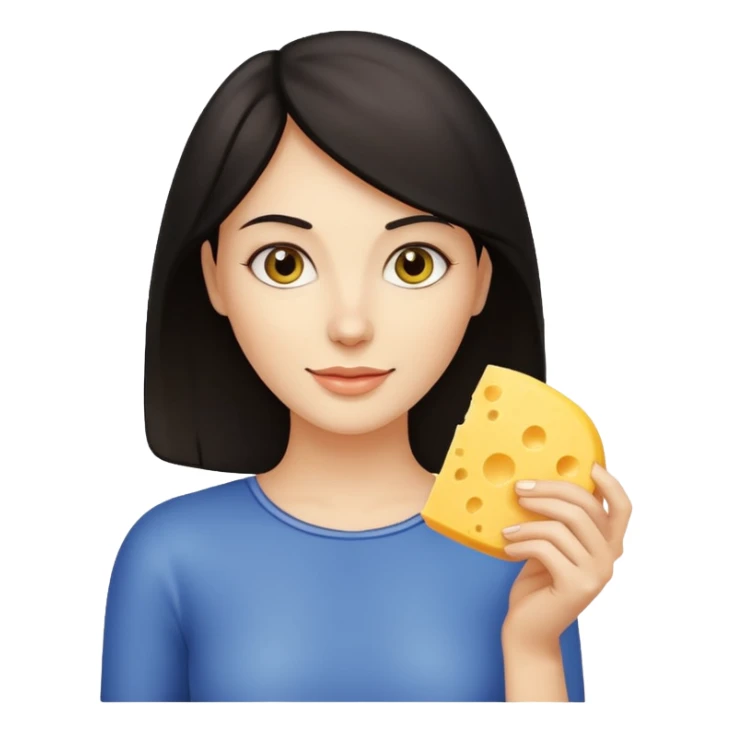 dark haired woman holding cheese piece sticker