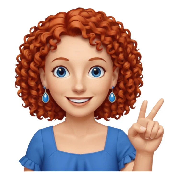 una profesora mayor simpática con el pelo rojo rizado, ojos azules, vestido azul y pendientes azules hablando sonriendo feliz indicando con un dedo sticker