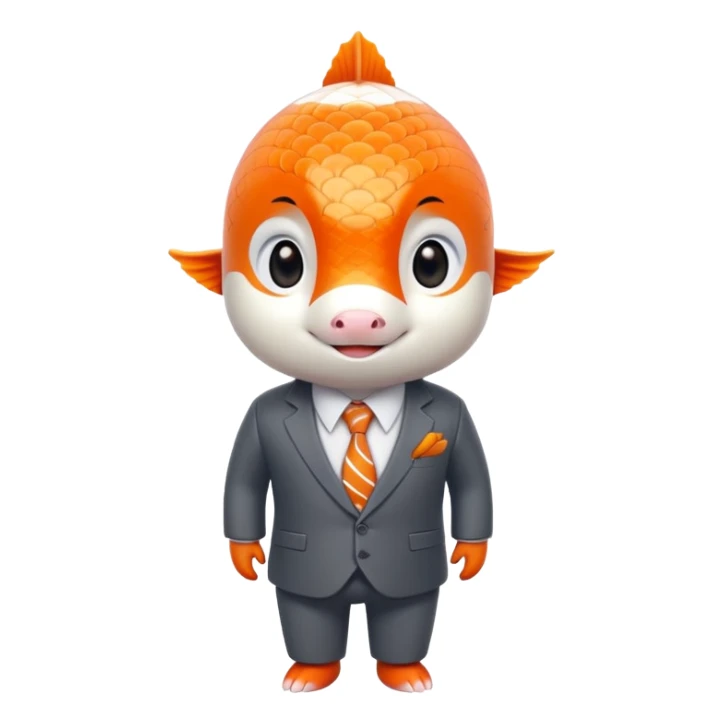 A charming and professional koi fish character, sleek rounded body with orange and white patterns, expressive eyes, friendly smile, wearing a neat business suit, white shirt, and tiny tie sticker