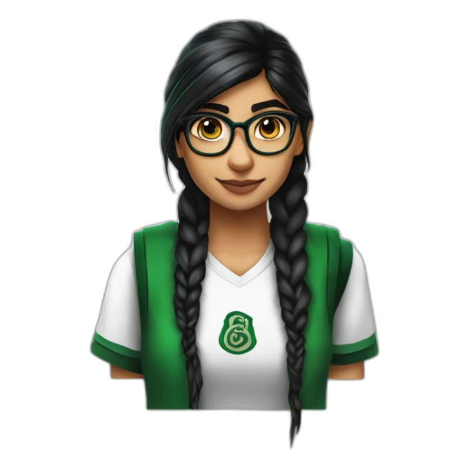Mia Khalifa black braid white tshirt green sleeves slytherin emblem sticker