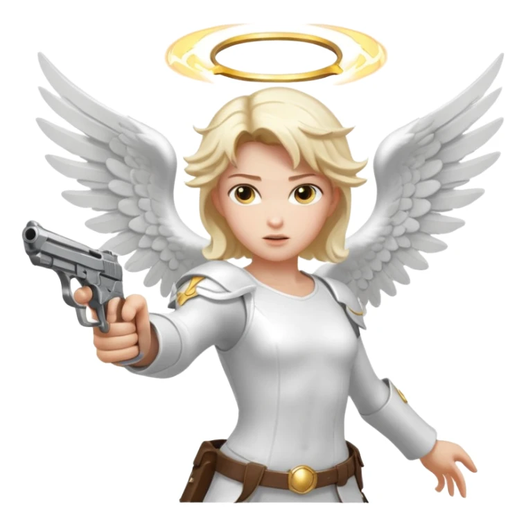 Angel dual-wielding pistols, shooting, dynamic action pose, glowing wings, no background














 sticker
