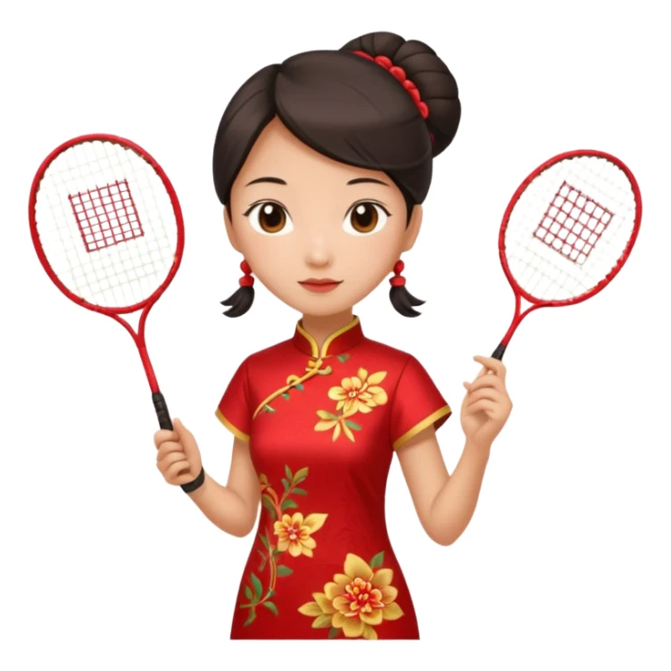 ancient cheongsam girl with 1 badminton racket, red sticker