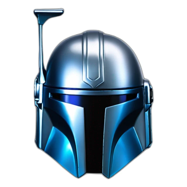 shiny blue and silver mandalorian helmet with black center looking forward sticker