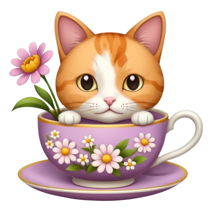 Cat in a tea cup with flowers and books sticker