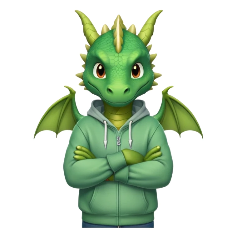 friendly anthropomorphised green dragon in a hoodie and jeans with arms folded, relaxed pose sticker