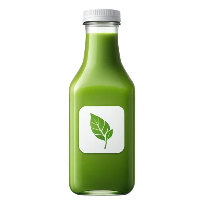 green juice in clear square bottle with label sticker
