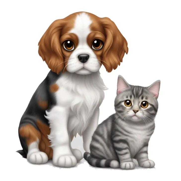 Cavalier King Charles Spaniel puppy sits next to a British gray tabby cat sticker