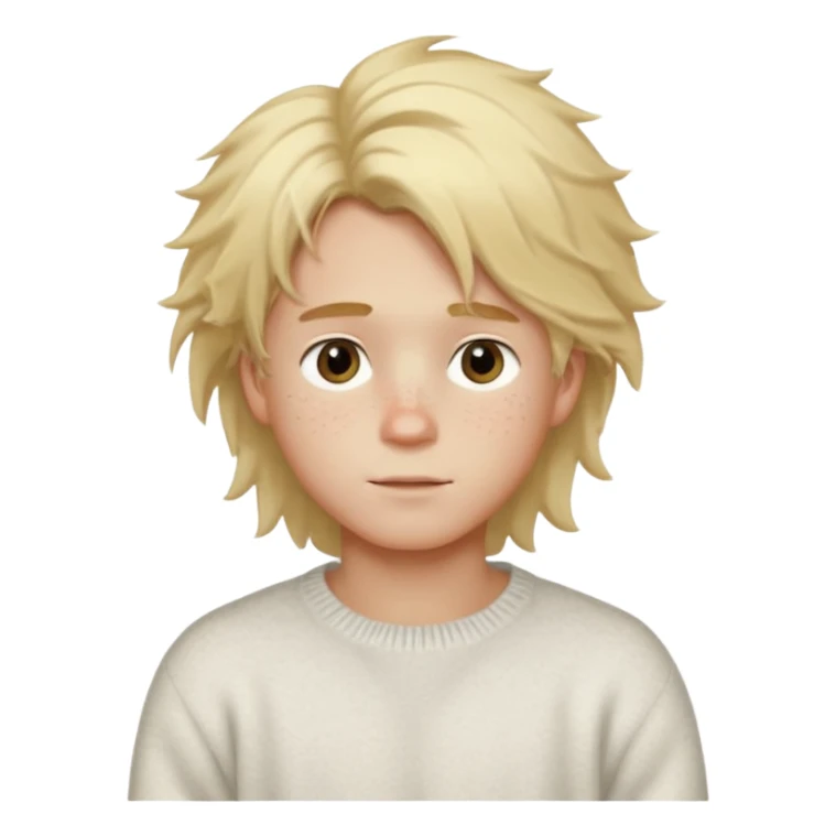 create-a-look-for-a-blond-boy-with-long-tousled-hair-light-eyes-a-white-sweat + fluffy white sweater + styled hair blonde with hair to the side cute + cute face with freckles sticker