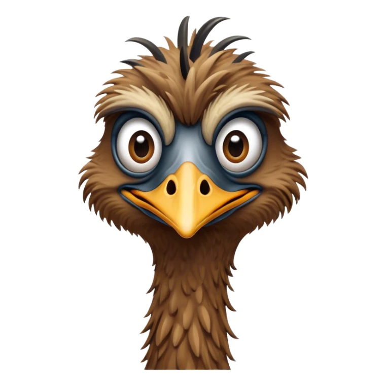 Cinematic Comical Emu Portrait Emoji, Head tilted dramatically with an exaggeratedly amused expression, featuring a striking, textured brown plumage with a comically small head and wide, expressive eyes full of playful disbelief, Simplified yet hilariously expressive features, highly detailed, glowing with a slightly sassy glow, high shine, dramatic yet playful, stylized with an air of cheeky outback mischief, bright and endearing, soft glowing outline, capturing the essence of a spirited and over‐the‐top emu, so meme‐worthy it feels like it could squawk its way into internet fame instantly! sticker