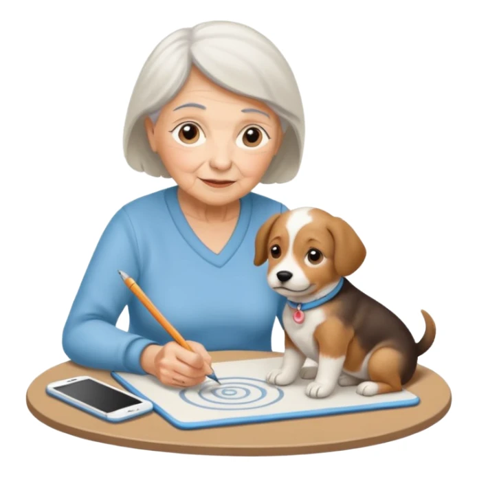 An elderly woman sketching her puppy on the spiral pad. sticker
