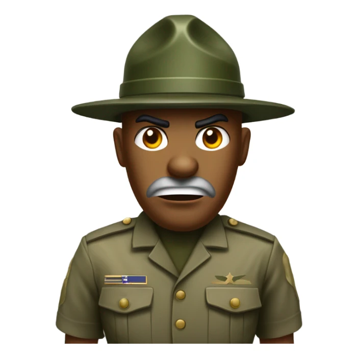 drill sergeant character wearing a classic sergeant hat and a camouflage army shirt. The character should have an angry intense expression. full torso sticker