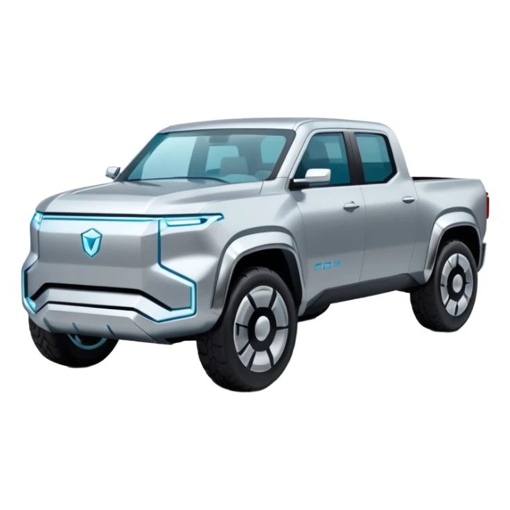 A futuristic electric pickup truck emoji, silver chrome body, angular cyber design, smooth metallic panels, subtle reflections, minimalistic proportions, iOS emoji style, centered composition, clean white background, soft lighting sticker