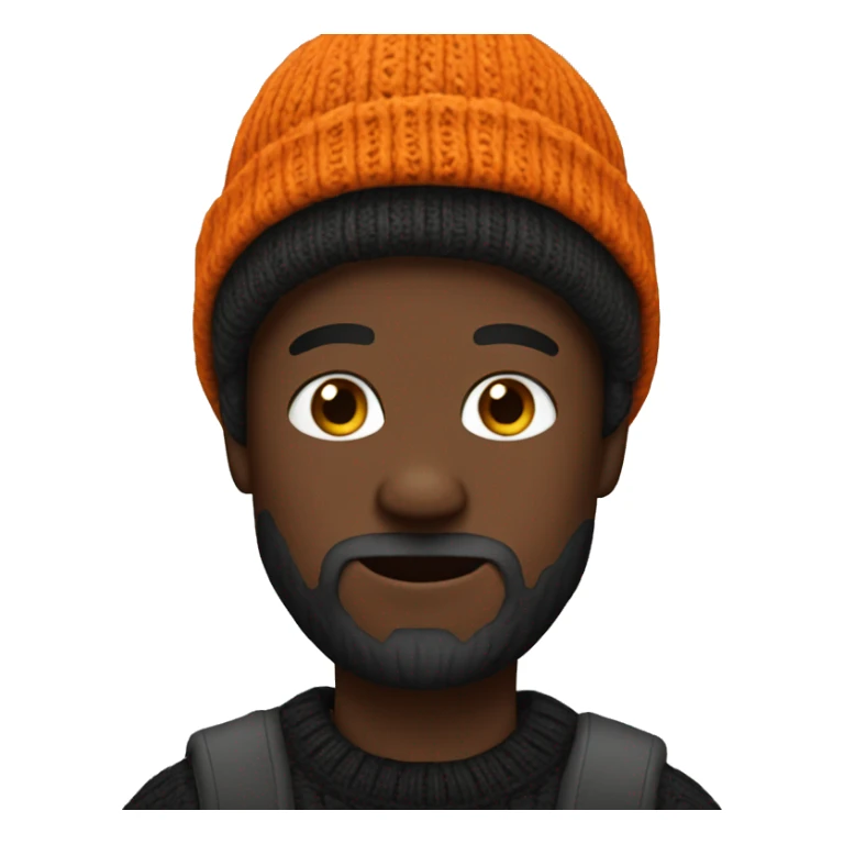 darkskin man with beard wears orange sweater and black beanie sticker